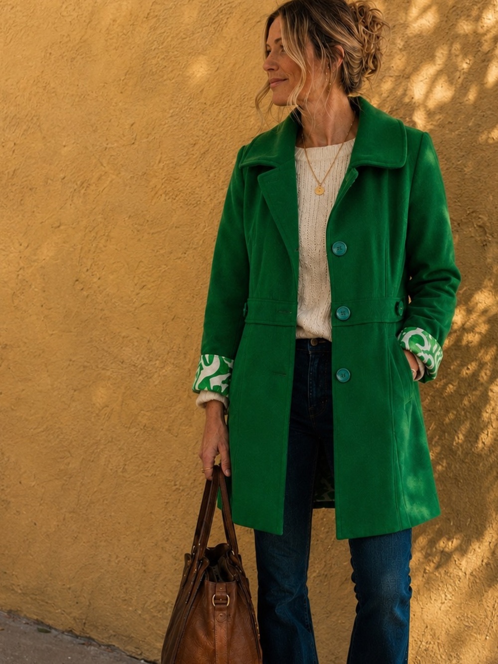 Criss Cross Emerald Green Wool Blend Coat Botanical Lining Tailored Statement